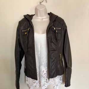 Stylish Brown Leather Jacket with Gold Zippers